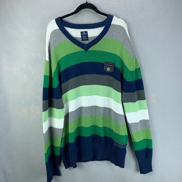 Parish Nation Sweater Mens 2XL‎ Blue Green Pullover Striped Long Sleeve V Neck - Picture 1 of 16